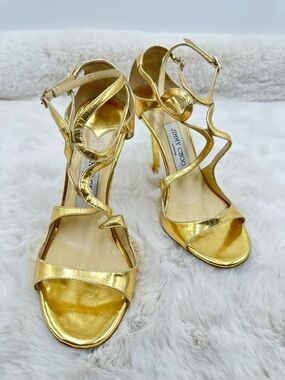 Jimmy Choo Lang Gold Strappy Cage Sandals Heels Metallic 38 US 8 Evening Shoes